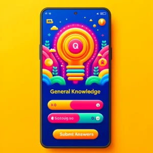 DALL·E 2024-05-30 00.44.47 - A vibrant app interface for the General Knowledge quiz in the Bharat Club Quiz. The screen shows a colorful icon representing General Knowledge, a lis